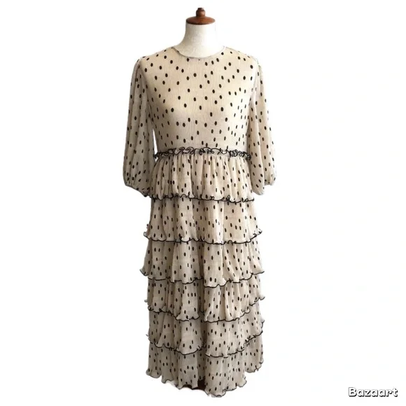 GANNI Lowell Tiered Polka Dot Plisse Beige & Black Midi Dress conservative pleat